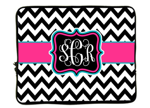 Personalized Monogram Designer Style Laptop Sleeves - Chevron Black- white with hot pink-turquoise - 13"and 17"