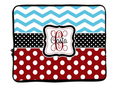 Personalized Monogram Designer Style Laptop Sleeves -Blue Chevron-Red Polka dot-Black Accent -13" & 17 inches