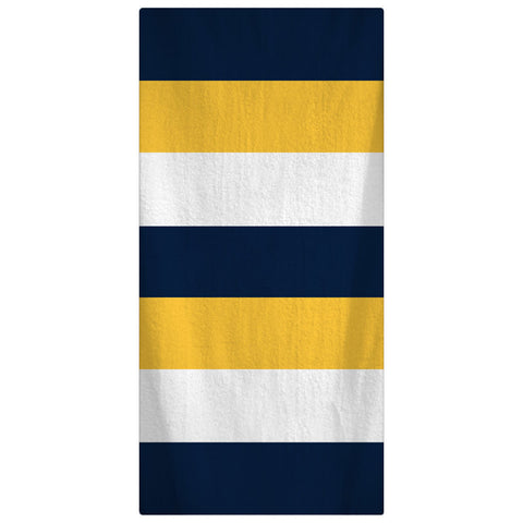 Custom Personalized Beach Towel -  Rugby Stripe Navy-Yellow-White Pattern - Personalization of your choice