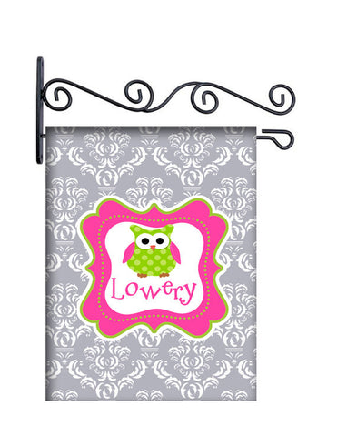 Grey Damask & Owl Custom Personalized Yard Flag - 13.5 by 18.5 inches - your name and or initial