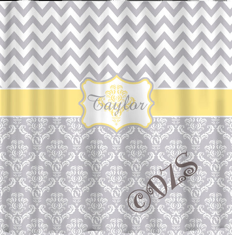 Custom Personalized Damask and Chevron Shower Curtain - Shown in Grey and white with Pastel Yellow Accents - ANY Color