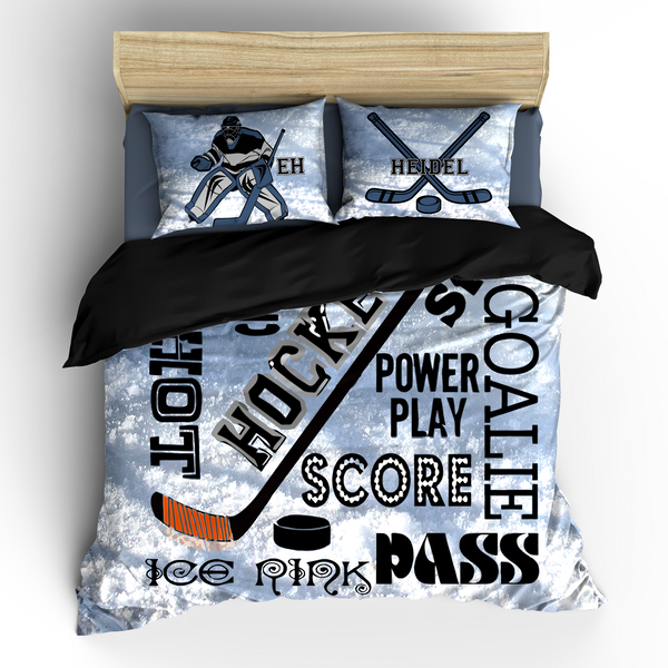 Hockey Words Theme Bedding Set, Duvet or Comforter, Goalie