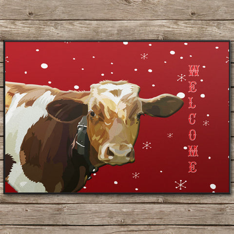 Christmas Cow Welcome Door Mat - 24x18 inches - Can also be Personalized With your TEXT or name