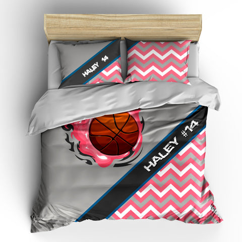 Chevron and Firey Pink Basketball Theme Bedding Set, Duvet or Comforter