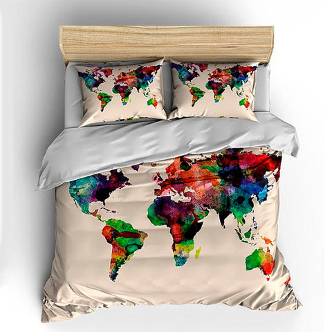Watercolors World Map Custom Bedding on Natural Background