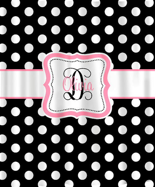 Personalized Shower Curtain - Black & White Polka Dots -any accent color