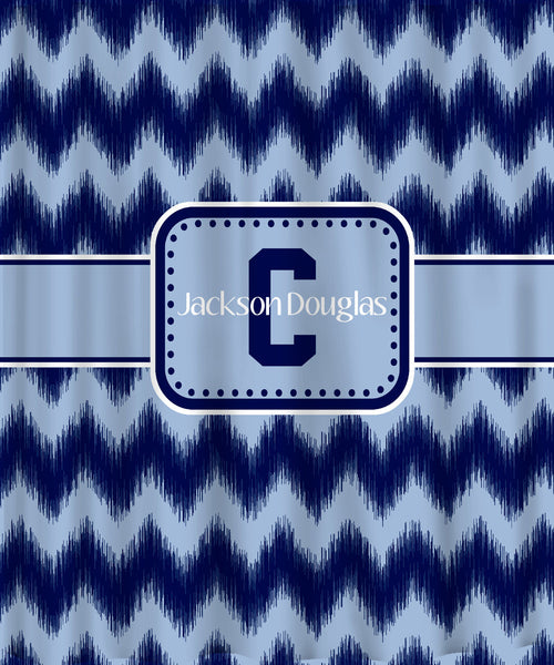 Personalized Custom IKAT Chevron Shower Curtain  - Any Color - Shown Blue on Blue Sport Look and Grey with Eggplant, Turquoise & Gold
