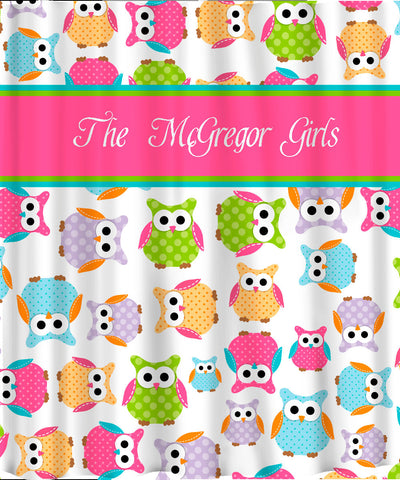 Personalized CUSTOM OWL Shower Curtain - Personalized - Multi color Polka Dot Owls - Standard or ExLong