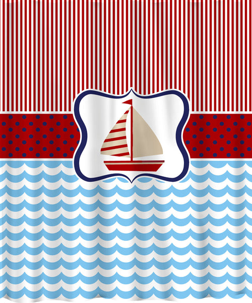 Personalized SailAway Shower Curtain - Pinstripe-Dots-Waves
