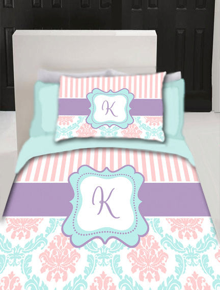 Damask and Stripe Monogram Duvet Cover- Personalized - Available Twin, Queen or King Size- Any Colors