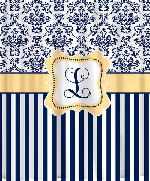 Personalized Shower Curtain - Custom with your Name or Initials - Damask & Stripe - Your Colors