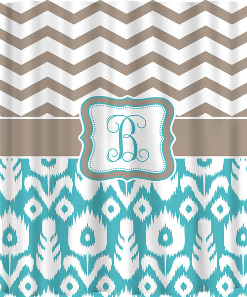 Custom Personalized Chevron Shower Curtain - Combo patterns- chevron and ikat -Neutral beige or taupe with your accent colors
