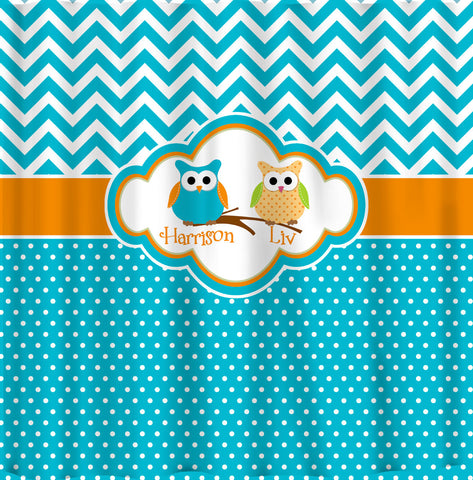 Custom Personalized Chevron Shower Curtain - Turquoise & Orange accents - Owl Elements