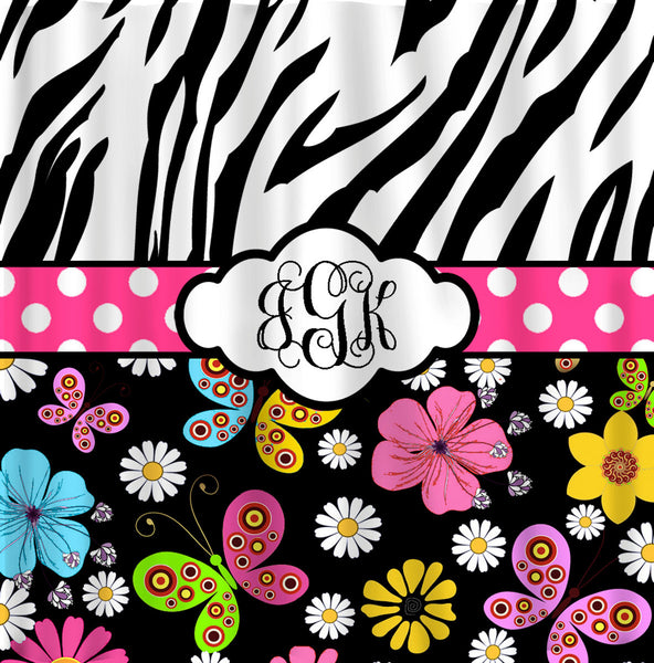 Custom Personalized Shower Curtain - Safari Summer - Zebra and Multi Color Floral