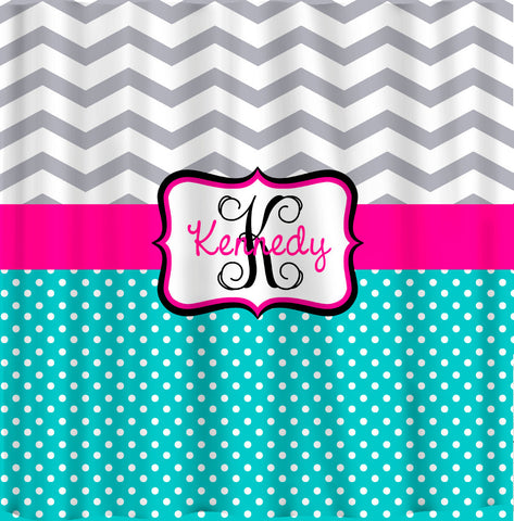 Personalized Shower Curtain -Custom with your Name or Initials -Chevron and dots or ikat and chevron with any color combo accent