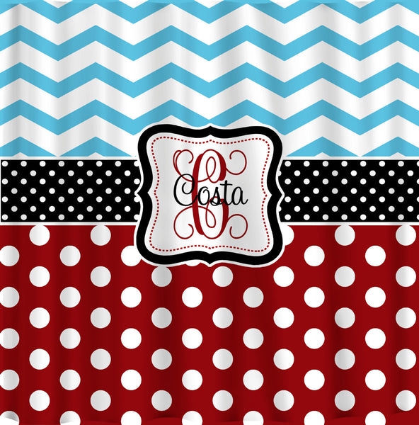 Personalized Shower Curtain -Blue Chevron-Red Polka Dots, Blk and white accents - Any Colors - Your Personalization and Accents