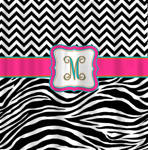 Custom Personalized Chevron and Zebra Shower Curtain - your colors - shown with Hot Pink-Turquoise-Orange Accents