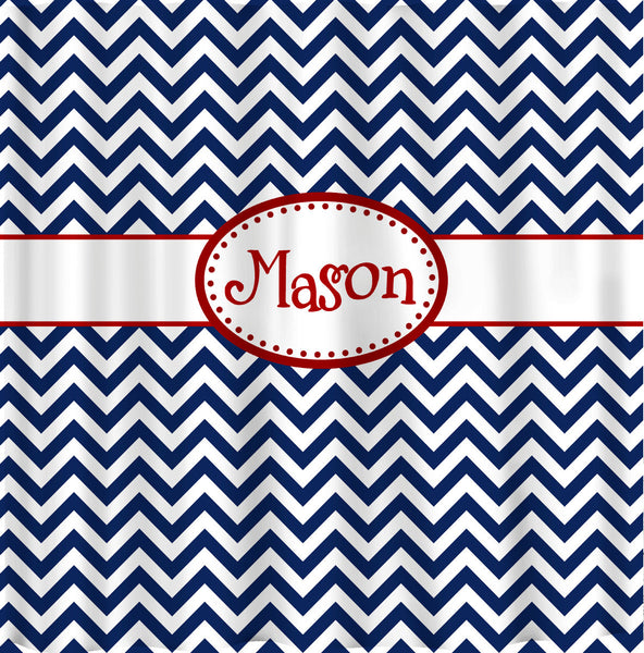 Personalized Shower Curtain Navy & White Chevron with red accents