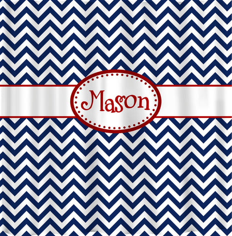 Personalized Shower Curtain -Navy & White Chevron with red accents - Mini or standard chevron stripe -Any Color Accent