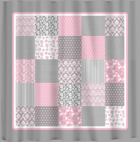 French Country Patchwork Shower Curtain - Pink, Grey and White