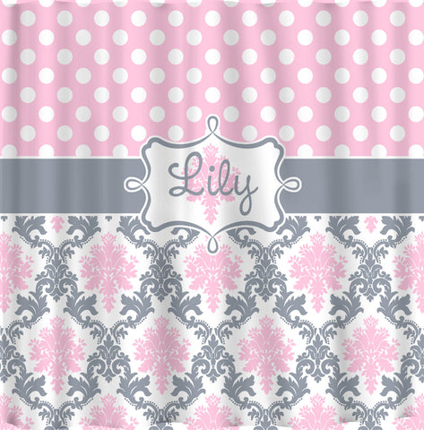 Custom Personalized Damask & Dots Shower Curtain - Shown in Pink, Grey and white - ANY Color - Standard or ExLong