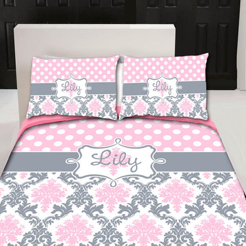 Paris Dots & Damask  Designer  Duvet Cover - Personalized - color or accents can be changed- Available Twin, Queen or King Size