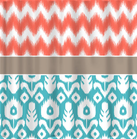 Custom IKAT Chevron Shower Curtain - Any Color - shown Coral Chev Ikat withTurquoise or Navy Ikat motif - Standard or ExLong