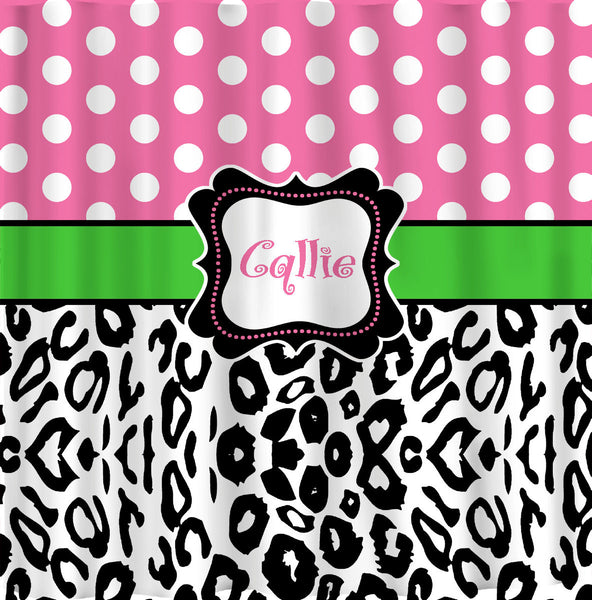 Personalized Shower Curtain - Custom with your Name or Initials - Polka Dots or Damask & Leopard