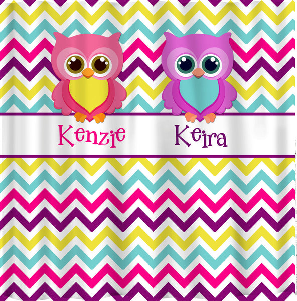 Personalized Shared Bright Chevron Shower Curtains featuring Owl Friends - Any Color Chevron or Owls