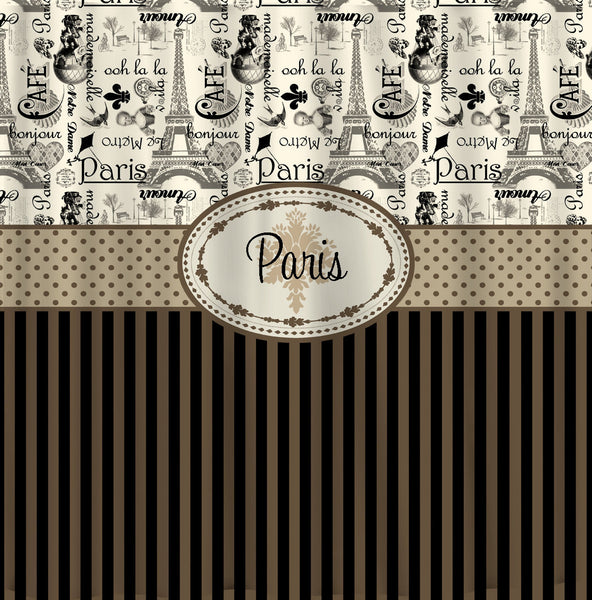 Personalized Vintage Paris and Stripe Shower Curtain - Lt Brown, Tan, Taupe & Black