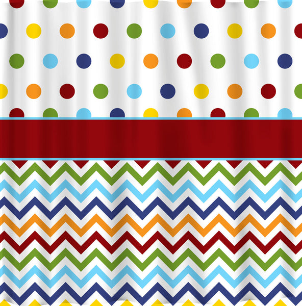 Shower Curtain - Rainbow Bright Dots and Chevron - Or Any colors of your choice