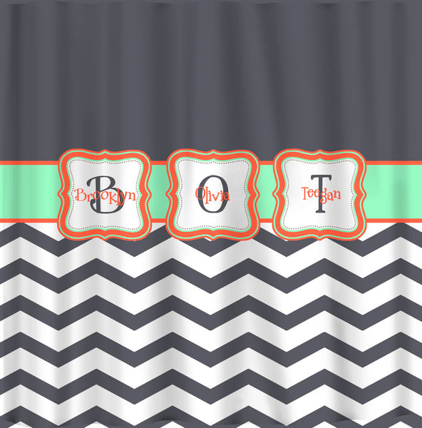 Custom Personalized Chevron and Solid Shower Curtain - your colors - shown Dk Gray-White-Mint-Melon Accents - Std or ExLong