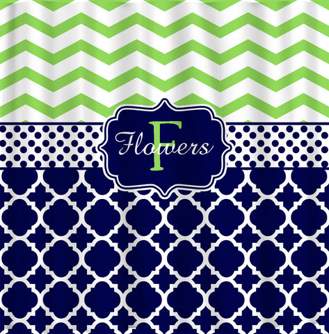 Personalized Shower Curtain -Lime Chevron- Navy & White Quatrefoil - Any Colors - Your Personalization and Accents