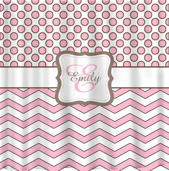 Pinkalicious Shower Curtain - Polka dots and chevron - pink outlined in chocolate - Any colors of your choice