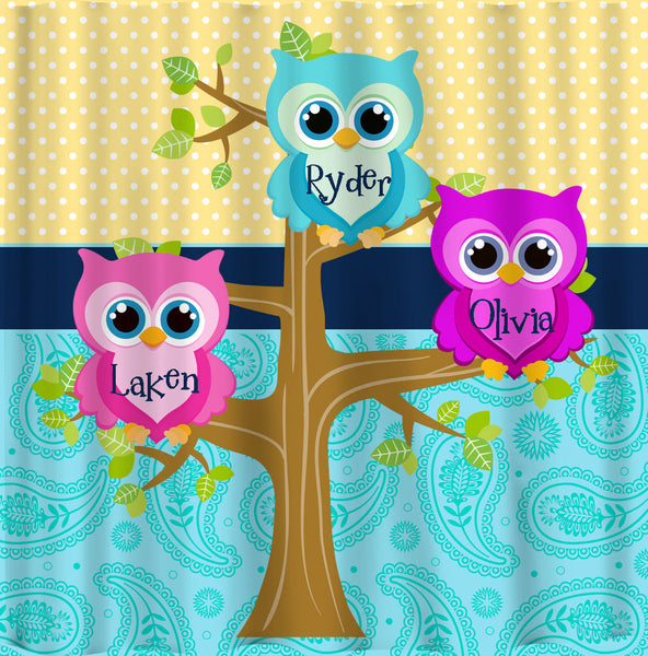 Personalized Shared Multi Owls Shower Curtains featuring Owl Friends - Any Color dots, paisley  or Owls