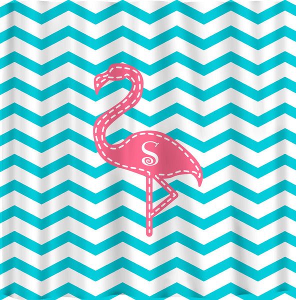 Personalized Pink Flamingo Shower Curtain - Shown -Aqua with Pink and Personalized with 1 to 3 initials