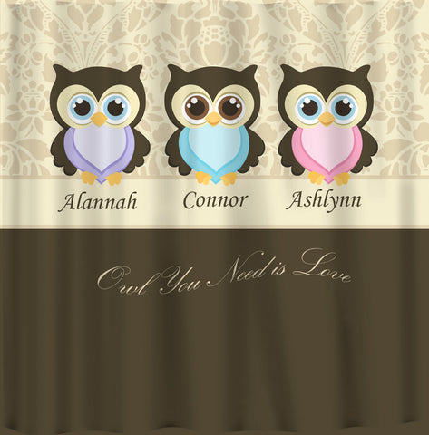 Personalized CUSTOM OWLS Shared Shower Curtain - Various backgrounds and Number or colors of owls