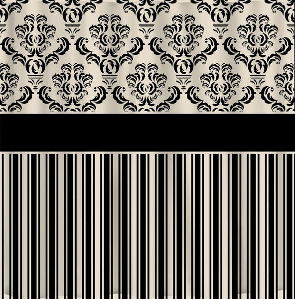 Custom Damask & Stripe Designer Shower Curtain - Your Choice ANY COLOR available - Shown Black and Cream