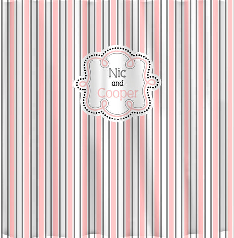 Personalized Fancy Stripe Shower Curtain - Shown Pink, Grey & White Fancy Stripes with Dotted Monogram Frame