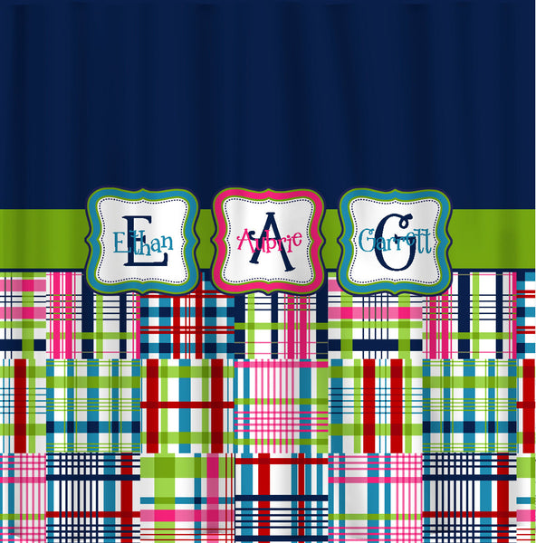 Custom Personalized Madras Plaid and Solid Shower Curtain  - Std or ExLong and coordinated towels available