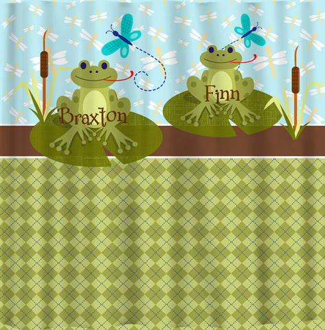 Personalized Shared  RIBBIT Frog Shower Curtain featuring Frogs on Lily Pads - Graphics colors can be changed