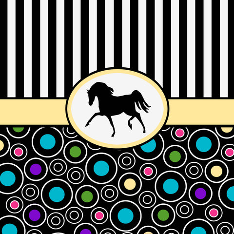 Personalized Shower Curtain -Mod -black and white stripes and black horse.