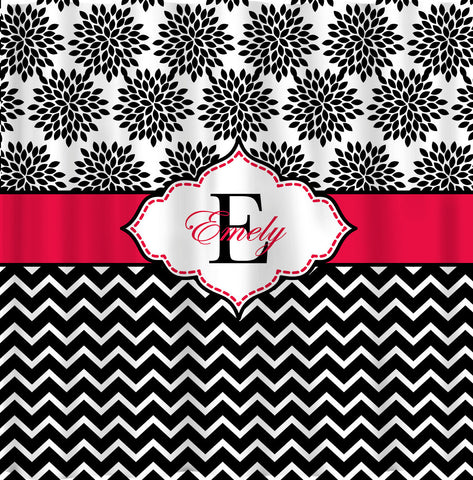 NEW!! Diva Collection Personalized Shower Curtain B&W -Top floral - bottom chevron with a bright pink accent.