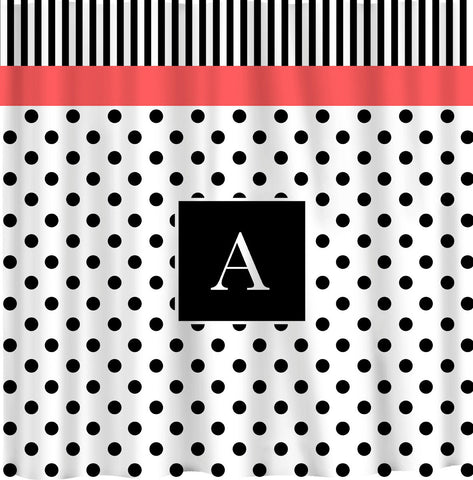 NEW!! Diva Collection Personalized Shower Curtain B&W -Top stripes - bottom dots with coral accent.