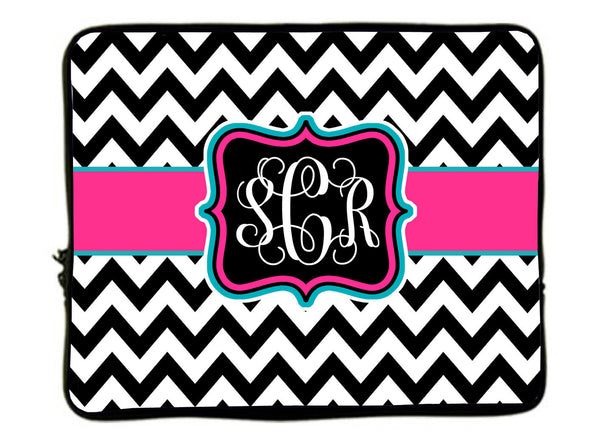 Personalized Monogram Designer Style Laptop Sleeves - Chevron Black- white with hot pink-turquoise - 13"and 17"
