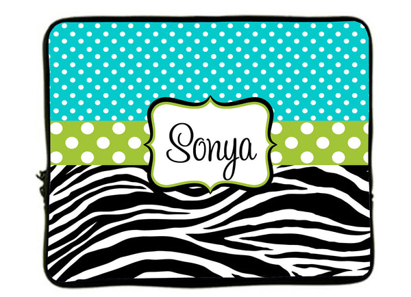 Personalized Monogram Laptop Sleeves -Turquoise mini dots-Zebra Combo- accent lime green dots - 13" and 17 inch