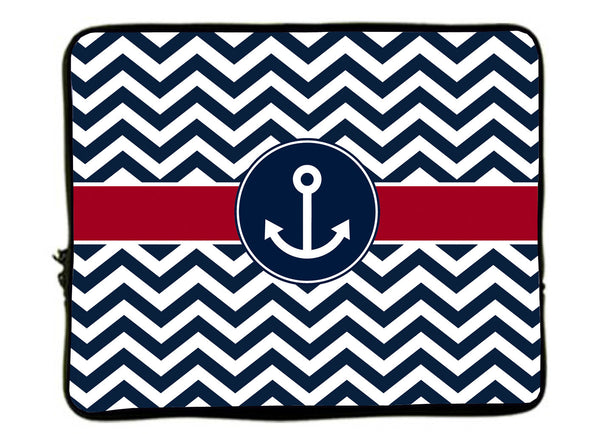 Personalized Monogram Designer Style Laptop Sleeves -Navy Chevron-Anchor_Various colors Accent - 13" and 17"