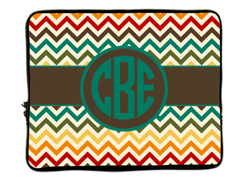 Personalized Monogram Designer Style Laptop Sleeves -Multi Warm Chevron with Brown Accent - 13" & 17"
