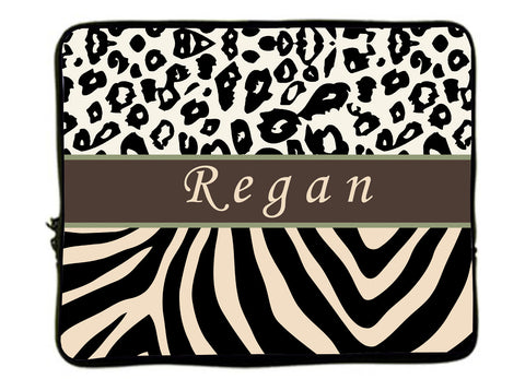 Personalized Monogram Designer Style Laptop Sleeves -Cheetah And Zebra Combo - 13" and 17"