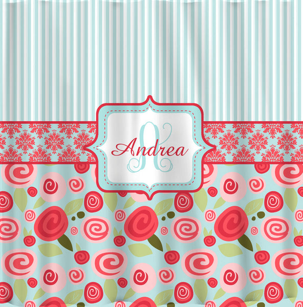 NEW!! Modern Shabby Chic Rose Collection Personalized Shower Curtain-Stripes, Damask & Floral Combo - Aqua and Red Shades